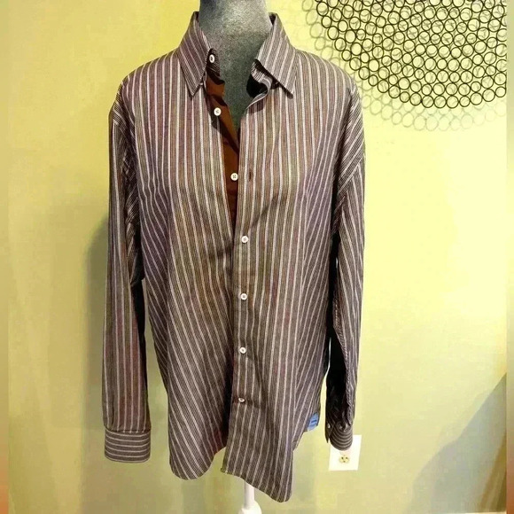 Pronto Uomo - Men’s Button up shirt brown and blue stripes- Size Large - Picture 1 of 5